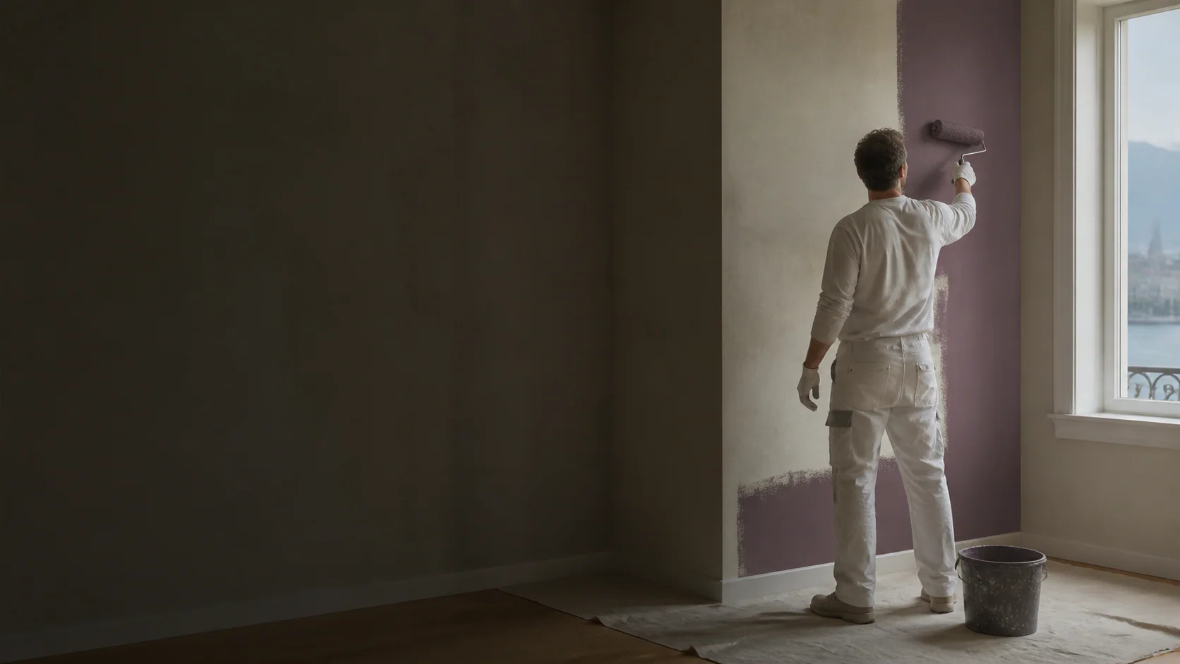 Painter applying a careful finish in a bright interior