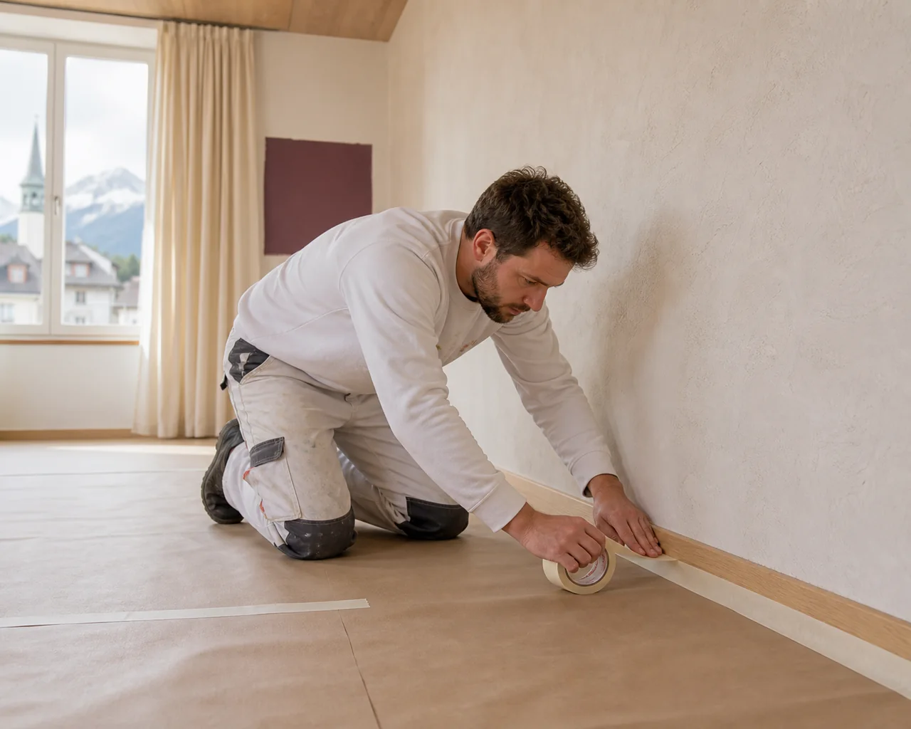 Floor protected and edges masked before interior painting